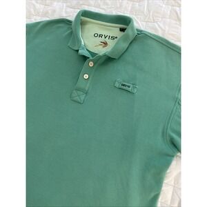 Orvis Men's Polo Shirt Large Short Sleeve Green Solid Casual Heavy‎ Cotton